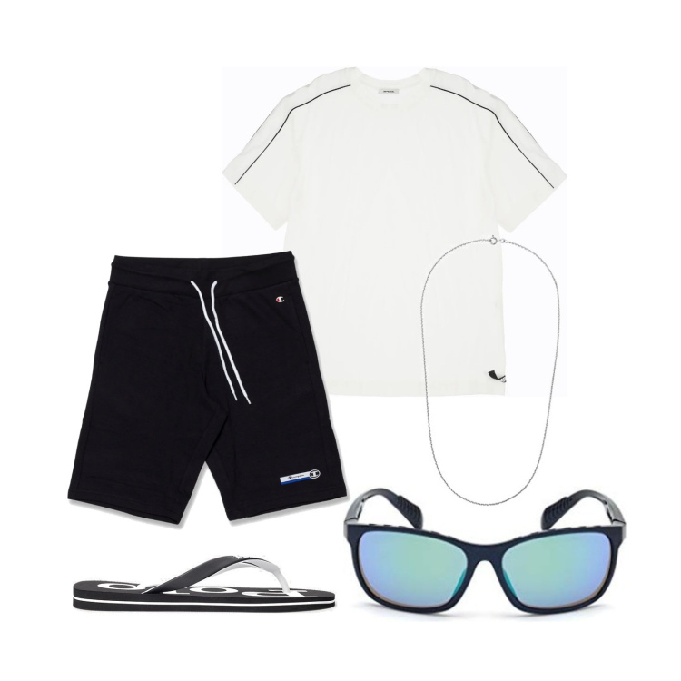 Outfit uomo - Ghost outfitter - luglio. Stile Casual per Tutti i giorni. Abbinamento con t-shirt, bermuda, sandali, collane, occhiali da sole.