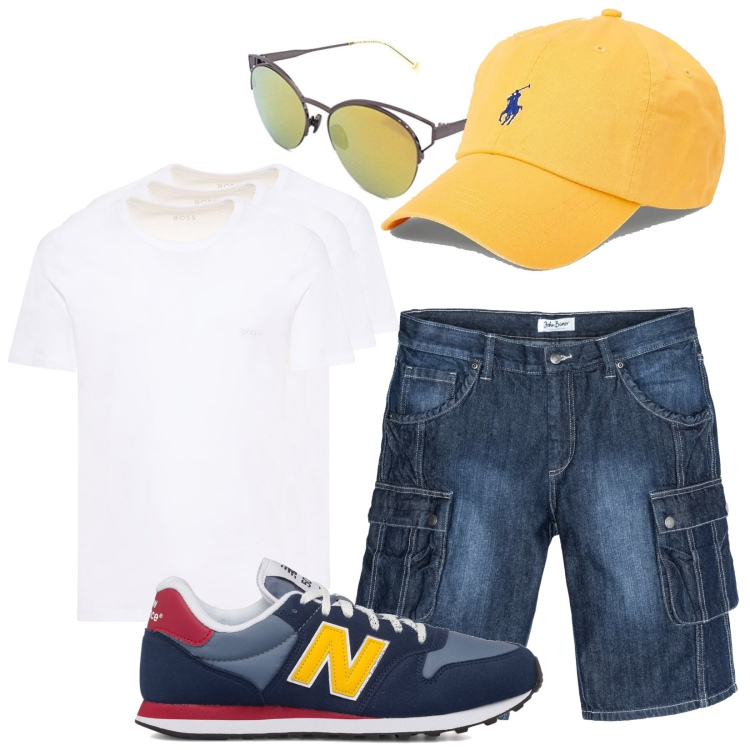 Outfit uomo - Total look #1660738. Stile Casual per Tutti i giorni. Abbinamento con bermuda, cappelli con visiera, sneakers, occhiali da sole, t-shirt.