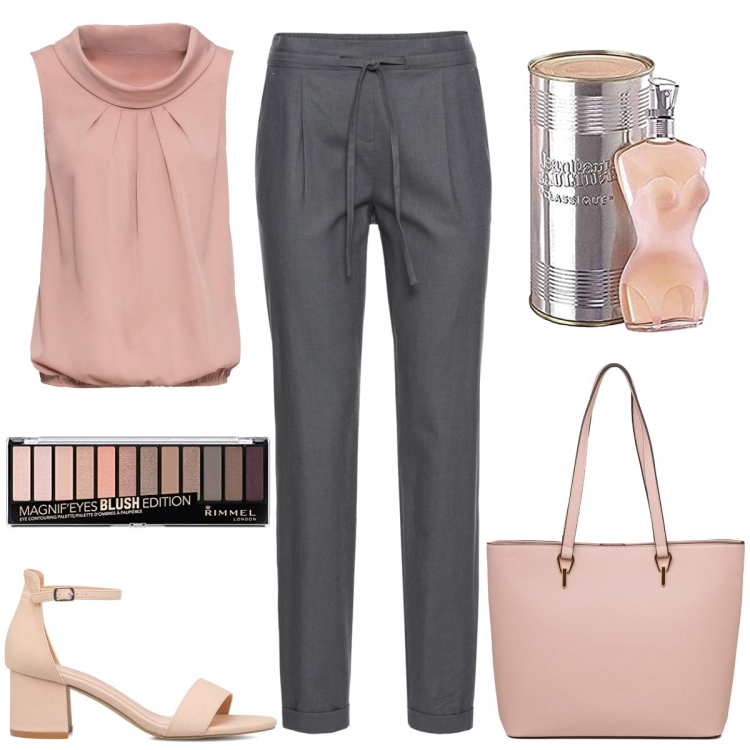 Outfit donna - Grigio e Rosa in Ufficio. Stile Basic per Ufficio. Abbinamento con pantaloni, top, borse a spalla, sandali in pelle, ombretti, profumi.