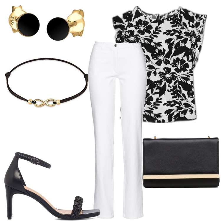 Outfit donna - Total look #1660758. Stile Casual per Ufficio. Abbinamento con pantaloni, bluse, sandali in pelle, clutch, orecchini, braccialetti.