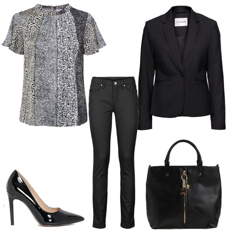 Outfit femme - Au travail ! Ultra féminine. Style Basique pour Bureau. Assortir avec tuniques, jeans, blazers, sacs à main, chaussures à talon.