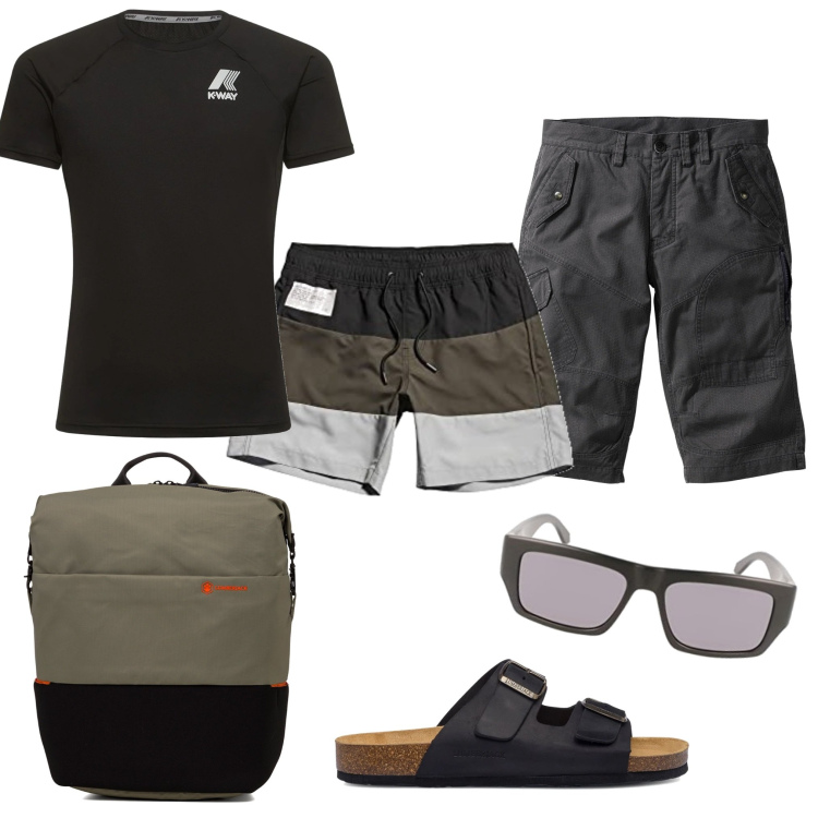Outfit uomo - Go!. Stile Casual per Mare. Abbinamento con bermuda, borse sportive, sandali, occhiali da sole, t-shirt, costumi.