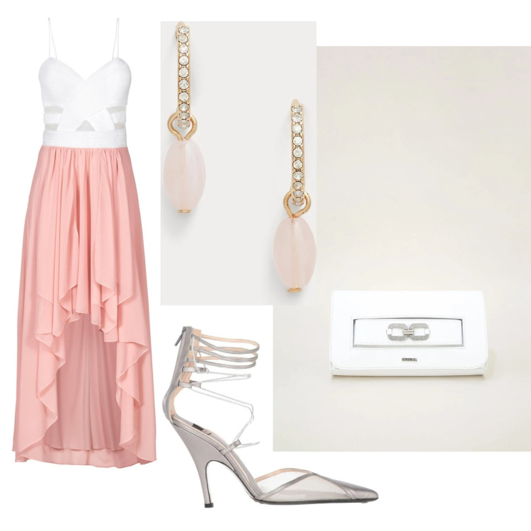 Outfit donna - Il tuo secondo abito per la tua laurea. Stile Chic per Cerimonia. Abbinamento con vestiti asimmetrici, décolleté, pochette, orecchini.