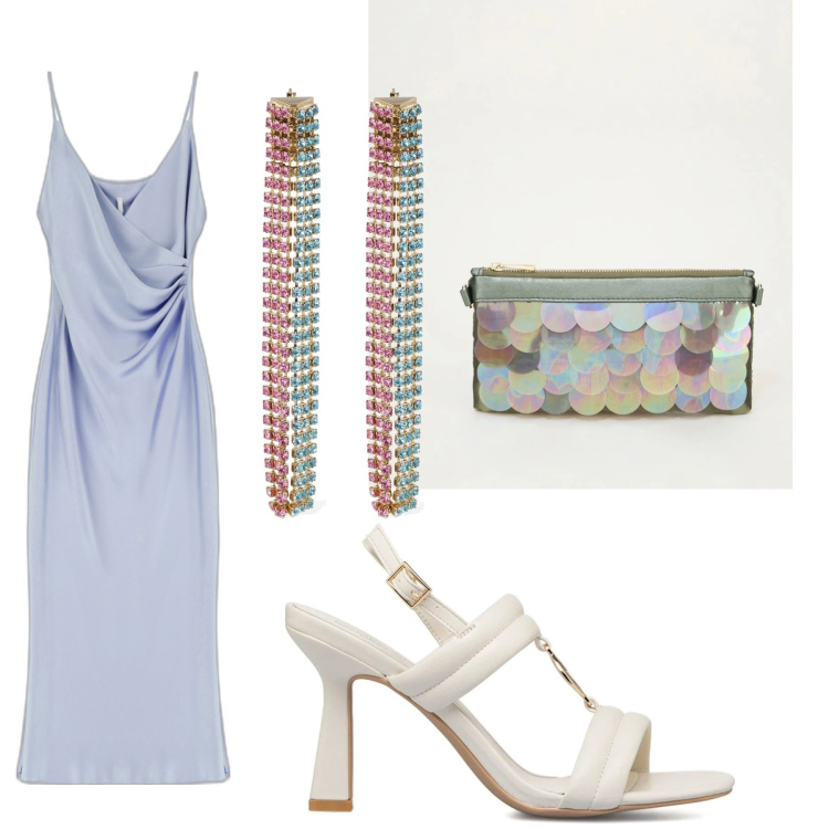 Outfit donna - # elsa #. Stile Glamour per Cerimonia. Abbinamento con vestiti midi/longuette, pochette, sandali col tacco, orecchini.