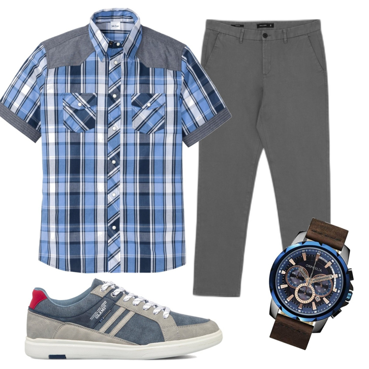 Outfit uomo - In ufficio a luglio. Stile Urban per Ufficio. Abbinamento con camicie a manica corta, pantaloni chino, sneakers, orologi.