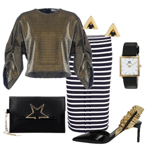 Outfit donna - Golden style. Stile Trendy per Serata fuori. Abbinamento con blusa con drappeggio senza tasche effetto laminato collo tondo con zip tinta unita, orecchini con farfallina argento e oro, pochette con manico in pelle oro e nero, sandali effetto vernice nero, gonna multicolore e blu, orologio.