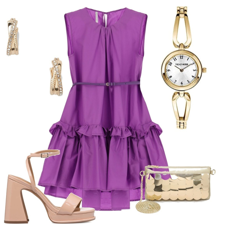 Outfit donna - L’abitino viola. Stile Romantica per Cerimonia. Abbinamento con vestiti corti, pochette, orecchini, sandali in pelle, orologi analogici.