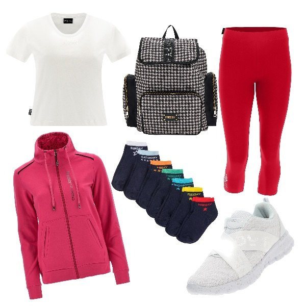 Outfit donna - Picnic ad alta quota. Stile Casual per Sport. Abbinamento con calzini, felpe, sneakers, leggings, t-shirt, zaini.
