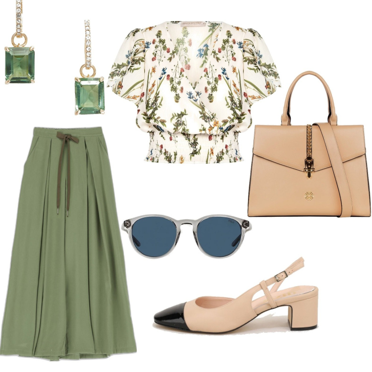 Outfit donna - La blusa in fantasia. Stile Vintage retrò per Ufficio. Abbinamento con bluse, borse a mano, occhiali da sole, orecchini, pantaloni a palazzo, scarpe col tacco.