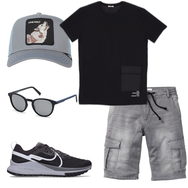 Outfit uomo - Grigio e nero perfettamente insieme. Stile Casual per Tutti i giorni. Abbinamento con bermuda, t-shirt, occhiali da sole, sneakers, cappelli.