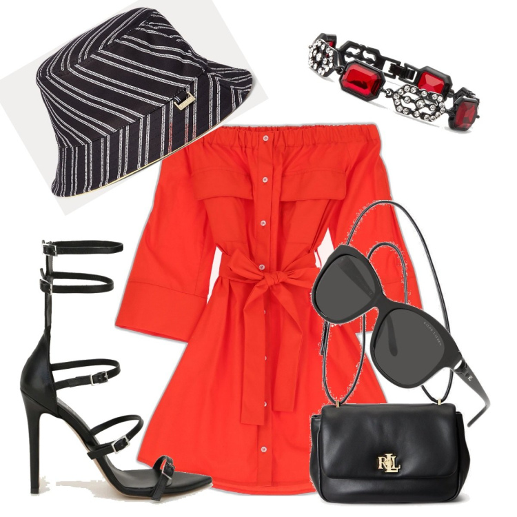 Outfit donna - Total look #1661430. Stile Casual chic per Tutti i giorni. Abbinamento con sandali in pelle, vestiti corti, occhiali da sole, borse a spalla, braccialetti, cappelli con visiera.