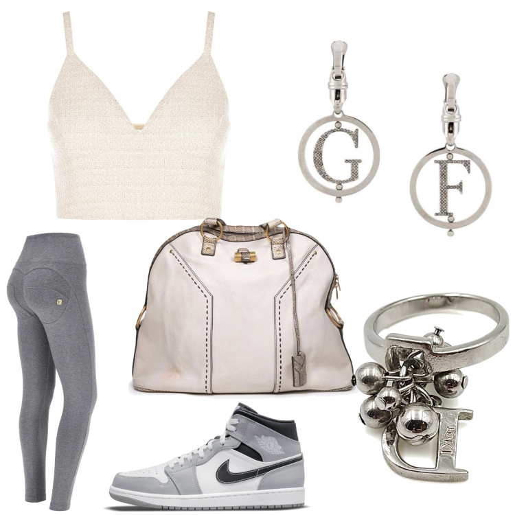 Outfit donna - Grigio. Stile Casual chic per Tutti i giorni. Abbinamento con anelli, sneakers, borse a spalla, orecchini, top, pantaloni skinny.