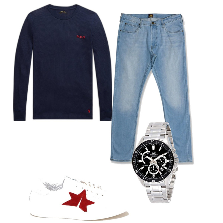 Outfit uomo - Jeans Lee. Stile Casual Abbinamento con sneakers, jeans slim fit, maglieria, orologi.
