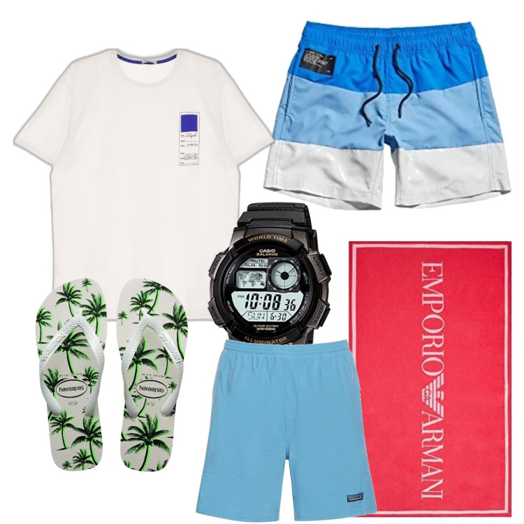 Outfit uomo - Total look #1661541. Stile Casual Abbinamento con t-shirt, sandali, shorts, costumi, accappatoi, orologi.