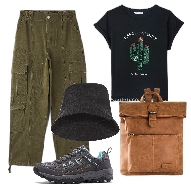 Outfit donna - In montagna. Stile Casual per Tutti i giorni. Abbinamento con zaini, scarpe sportive, t-shirt, pantaloni cargo, cappelli.
