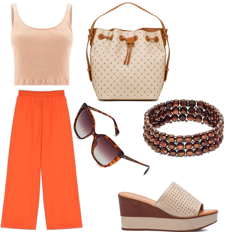 Outfit donna - Quel tocco di colore.... Stile Casual per Tutti i giorni. Abbinamento con pantaloni a palazzo, top, borse a spalla, sandali in pelle, braccialetti, occhiali da sole.