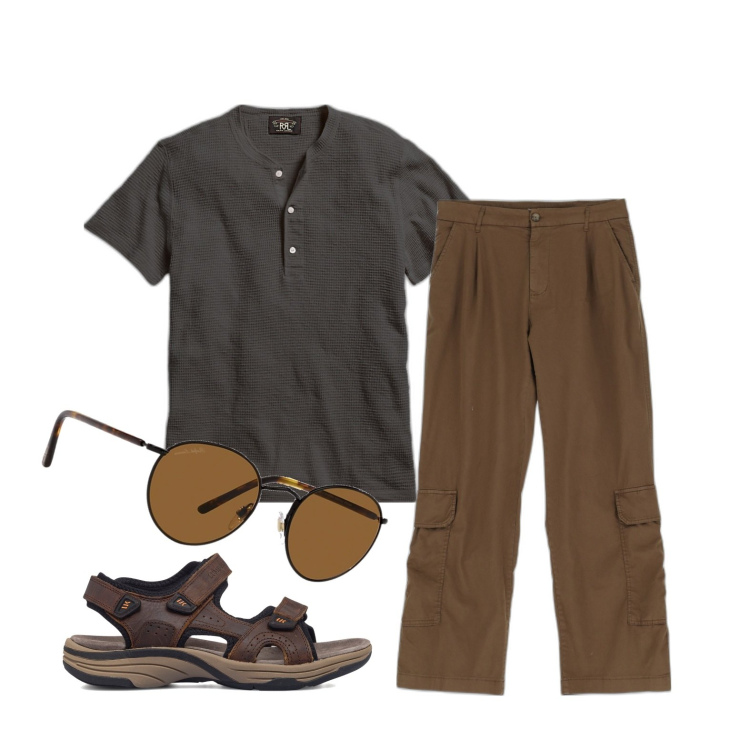 Outfit uomo - Ghost outfitter - luglio. Stile Trendy per Tutti i giorni. Abbinamento con pantaloni, t-shirt, occhiali da sole, sandali.