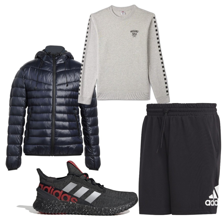 Outfit uomo - Total look #1661718. Stile Trendy per Sport. Abbinamento con piumini, felpe, sneakers, pantaloni corti.