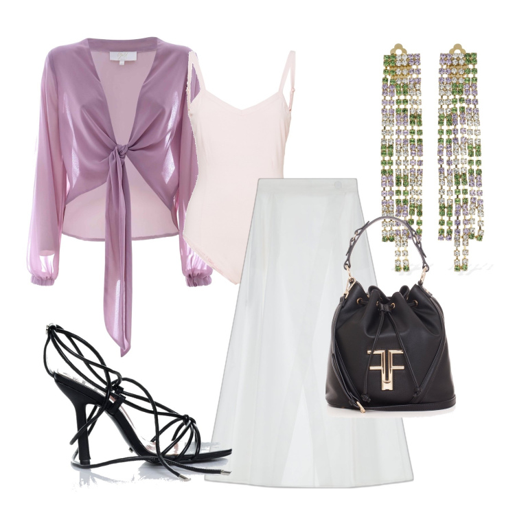 Outfit donna - Serata estiva. Stile Chic per Serata fuori. Abbinamento con borse a secchiello, sandali alla schiava, gonne lunghe, body, bluse, orecchini.
