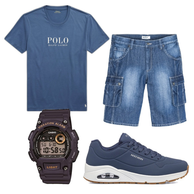 Outfit uomo - Total look #1661724. Stile Trendy per Tutti i giorni. Abbinamento con bermuda, t-shirt, sneakers, orologi.