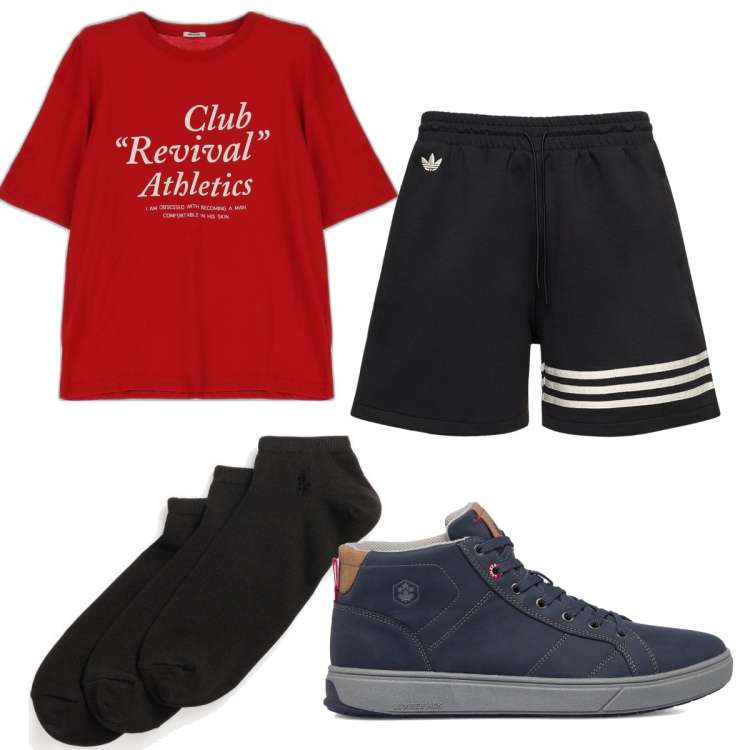 Outfit uomo - Total look #1661736. Stile Trendy per Sport. Abbinamento con t-shirt, calzini, sneakers alte, shorts.