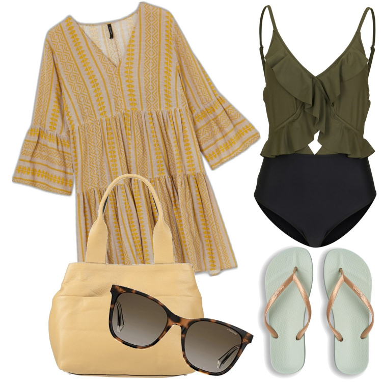 Outfit donna - Il costume intero chic. Stile Casual chic per Mare. Abbinamento con costumi interi, borse a mano, vestiti corti, infradito, occhiali da sole.