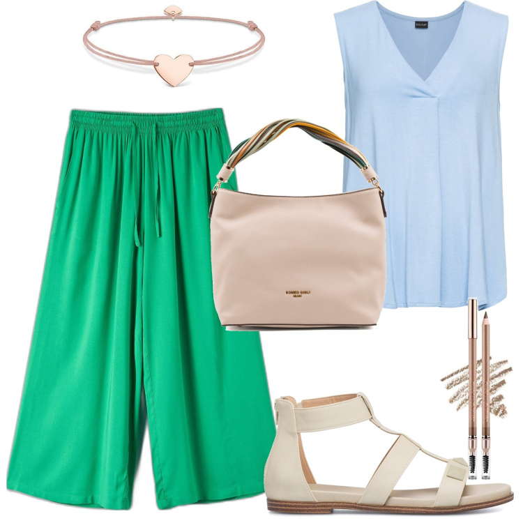 Outfit donna - Total look #1661775. Stile Basic per Ufficio. Abbinamento con top, pantaloni a palazzo, sandali in pelle, borse a spalla, eyeliner, braccialetti.