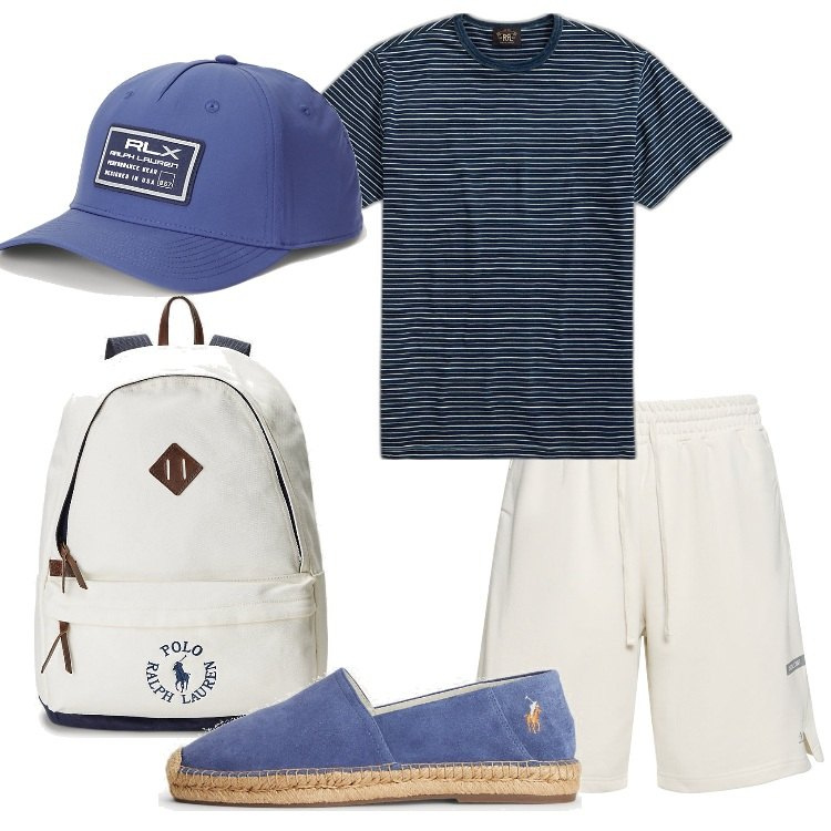 Outfit uomo - Una gita in barca. Stile Casual per Mare. Abbinamento con t-shirt, borse sportive, espadrillas, cappelli con visiera, shorts.