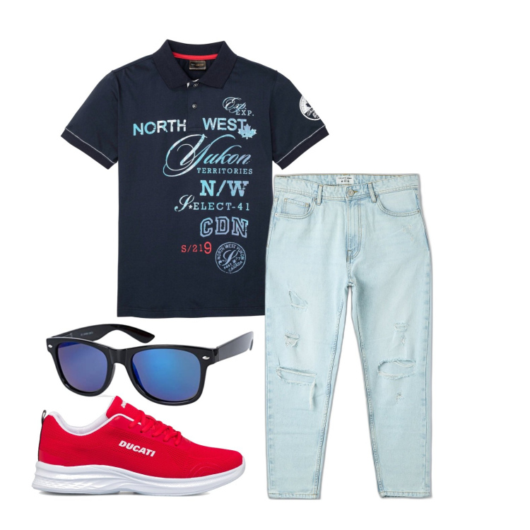 Outfit uomo - Ghost outfitter - luglio. Stile Trendy per Tutti i giorni. Abbinamento con polo, jeans strappati, sneakers, occhiali da sole.