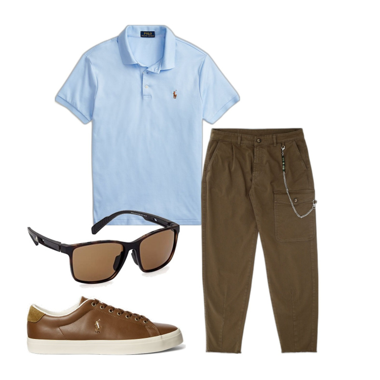 Outfit uomo - Ghost outfitter - luglio. Stile Trendy per Ufficio. Abbinamento con pantaloni, polo, sneakers, occhiali da sole.