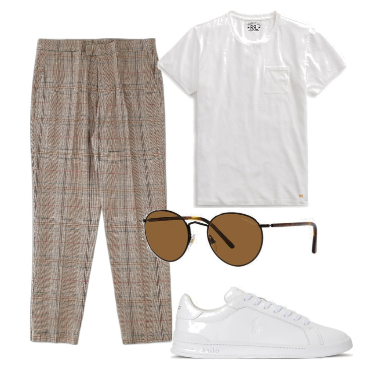 Outfit uomo - In città. Stile Casual per Tutti i giorni. Abbinamento con pantaloni capri, t-shirt, occhiali da sole, sneakers.