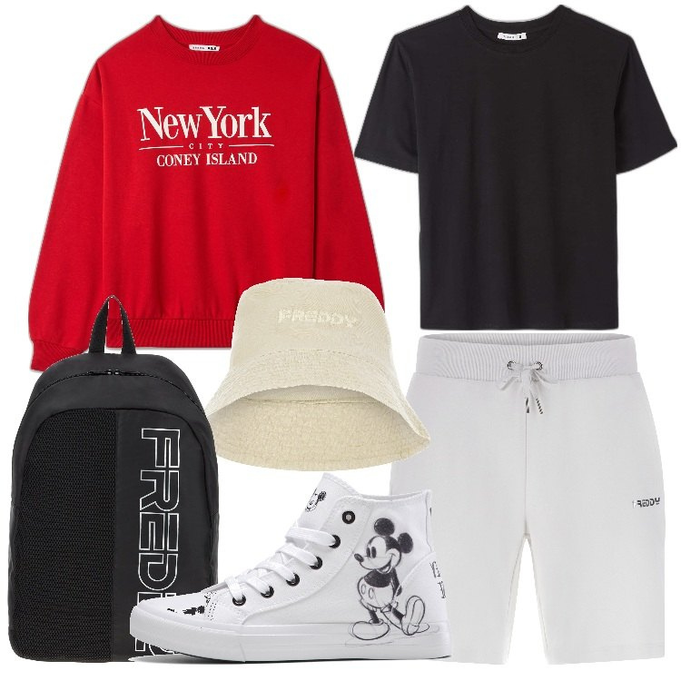 Outfit donna - Picnic in montagna. Stile Casual per Tutti i giorni. Abbinamento con sneakers alte, t-shirt, felpe, zaini, bermuda, cappelli.