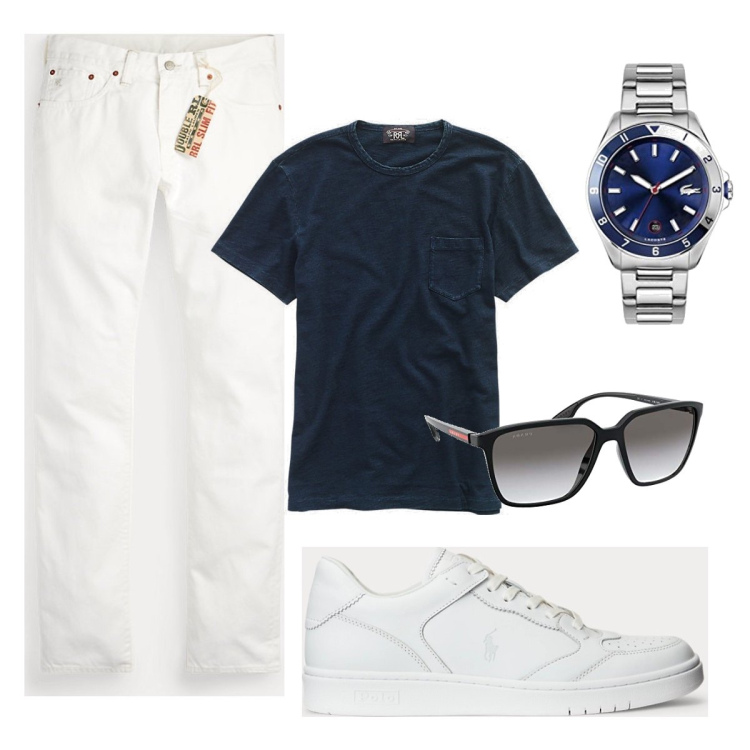 Outfit uomo - Total look #1662080. Stile Casual per Ufficio. Abbinamento con t-shirt, jeans slim fit, sneakers alte, orologi analogici, occhiali da sole.