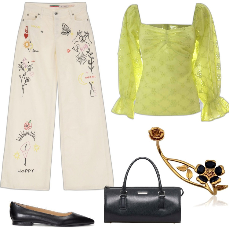 Outfit donna - Blusa tutti i giorni. Stile Urban per Tutti i giorni. Abbinamento con braccialetti, borse a mano, jeans, ballerine, bluse.