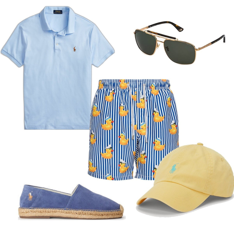 Outfit uomo - Total look #1662092. Stile Casual per Mare. Abbinamento con polo, cappelli, espadrillas, occhiali da sole, shorts.
