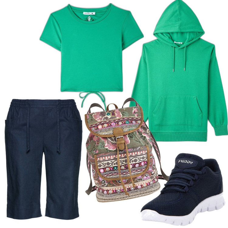 Outfit donna - Giornata in montagna. Stile Basic per Tutti i giorni. Abbinamento con bermuda, zaini, t-shirt, felpe con cappuccio, sneakers.