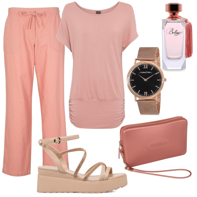 Outfit donna - Total look #1662160. Stile Basic per Tutti i giorni. Abbinamento con maglieria, pantaloni a palazzo, pochette, sandali col tacco, orologi analogici, profumi.