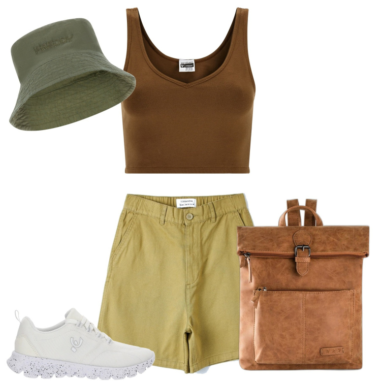 Outfit donna - Picnic in montagna. Stile Sporty chic per Tutti i giorni. Abbinamento con zaini, bermuda, sneakers, top, cappelli.