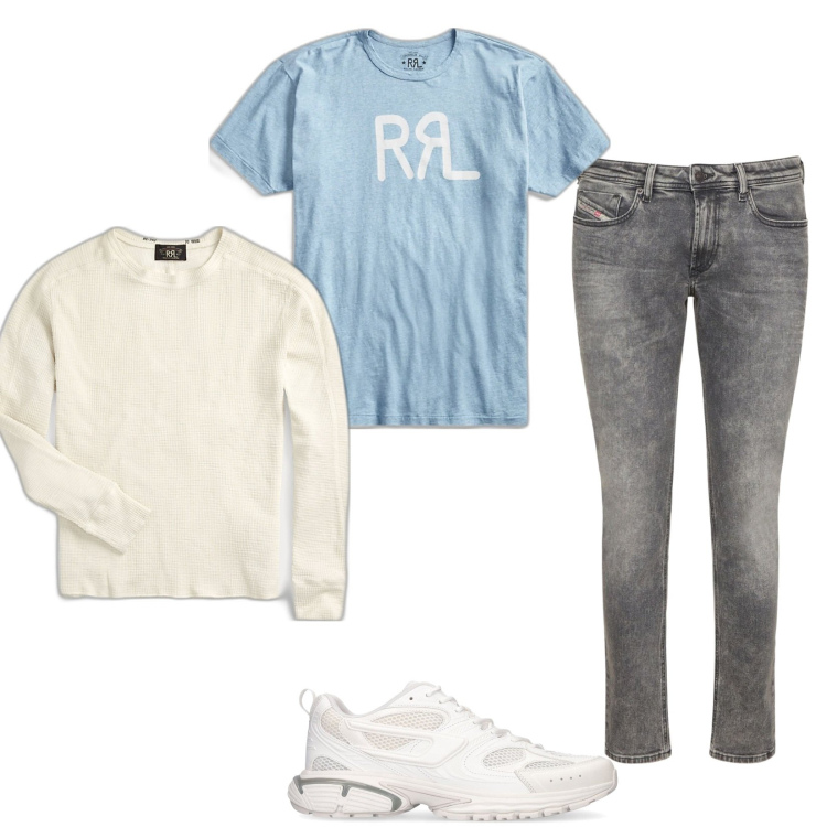 Outfit uomo - Rrl e Diesel. Stile Casual per Tutti i giorni. Abbinamento con maglieria, t-shirt, jeans skinny, sneakers.