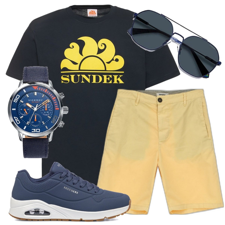 Outfit uomo - Total look #1662293. Stile Urban per Tutti i giorni. Abbinamento con bermuda, sneakers, t-shirt, occhiali da sole, orologi.