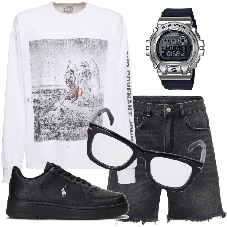 Outfit uomo - Total look #1662305. Stile Trendy per Tutti i giorni. Abbinamento con sneakers, occhiali, shorts, orologi digitali, t-shirt.
