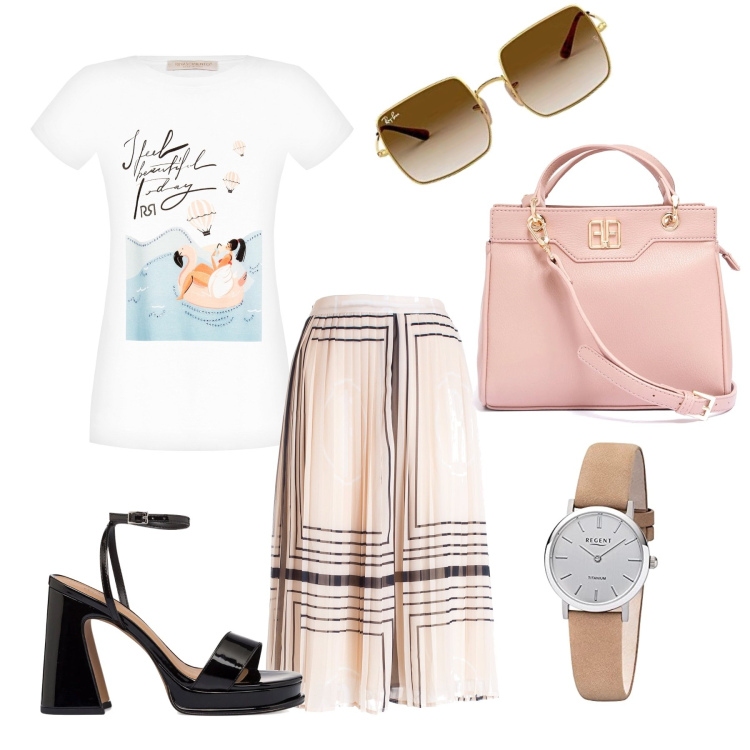 Outfit donna - Sportiva con classe. Stile Casual chic per Ufficio. Abbinamento con t-shirt, gonne longuette, borse tote, sandali in pelle, occhiali da sole, orologi analogici.