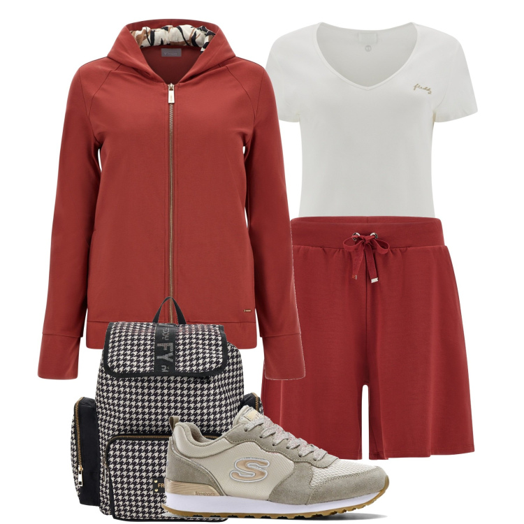 Outfit donna - Un pranzo sotto gli alberi. Stile Basic per Tutti i giorni. Abbinamento con sneakers, felpe con cappuccio, bermuda, zaini, t-shirt.