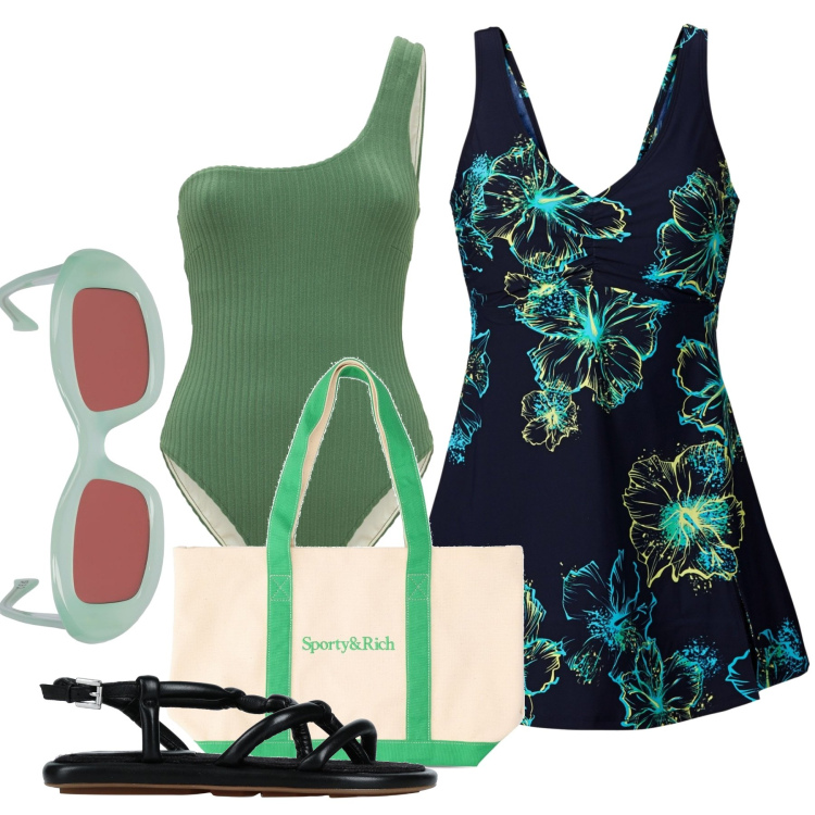 Outfit donna - Curvy in acqua. Stile Chic per Mare. Abbinamento con vestiti da spiaggia, infradito, costumi interi, shopping bag, occhiali da sole.
