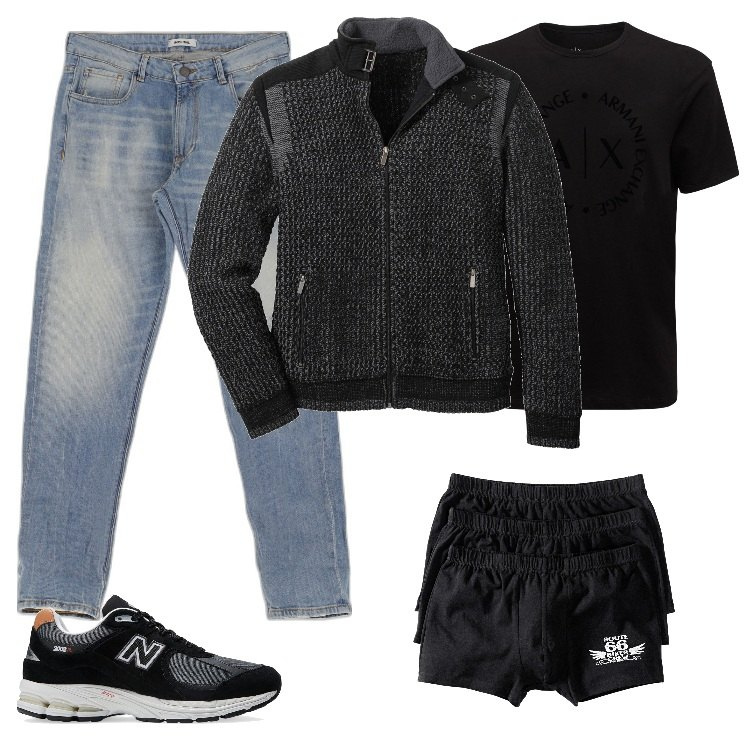 Outfit uomo - Total look #1662365. Stile Trendy per Tutti i giorni. Abbinamento con boxer, cardigans, jeans slim fit, t-shirt, sneakers.