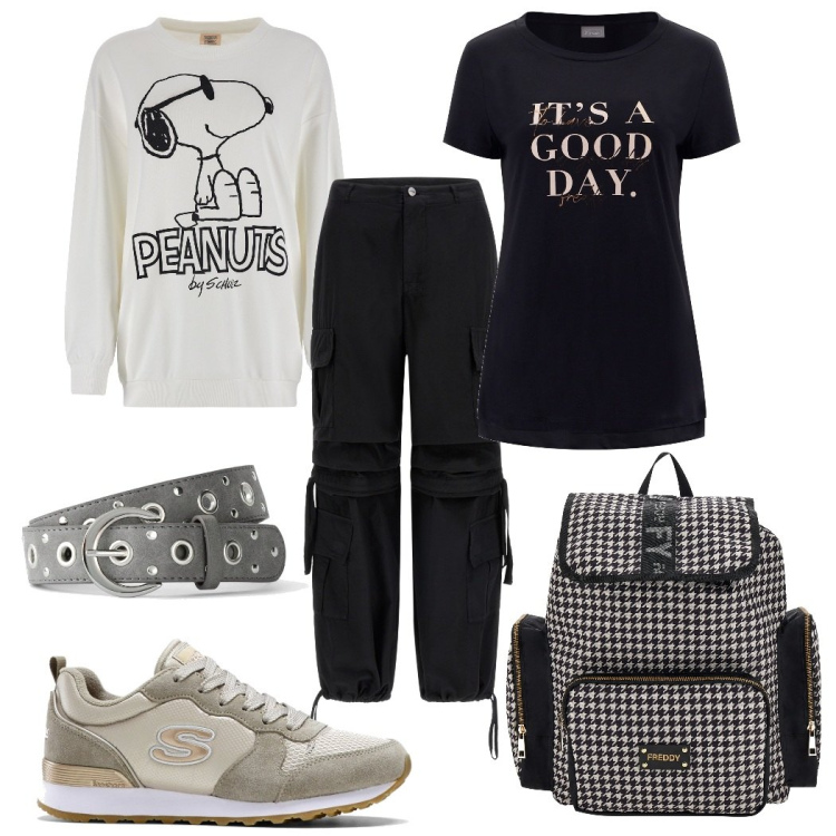 Outfit donna - Se fa freddo, la felpa. Stile Sporty chic per Tutti i giorni. Abbinamento con sneakers, cinture, pantaloni cargo, felpe, zaini, t-shirt.