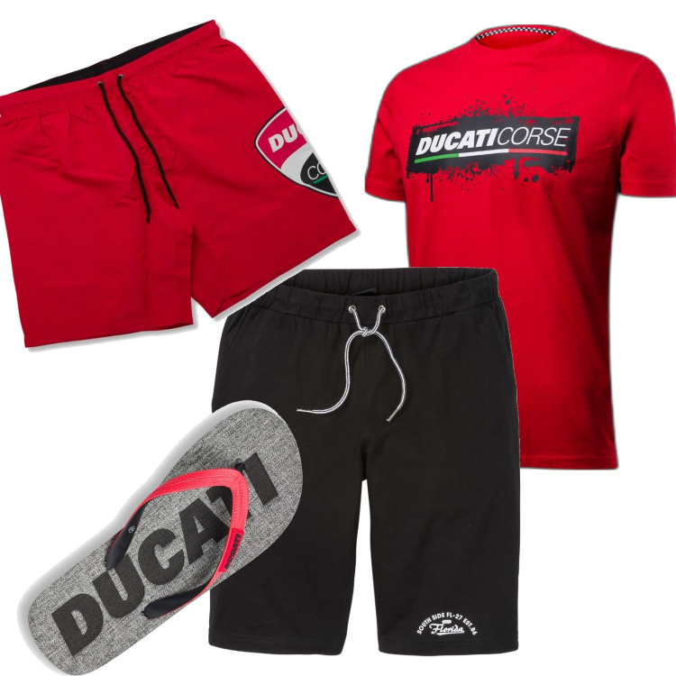 Outfit uomo - In spiaggia con Ducati. Stile Biker Rock per Mare. Abbinamento con bermuda, sandali, t-shirt, costumi.