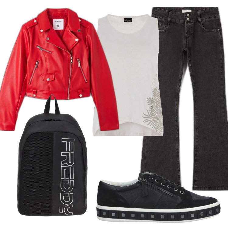 Outfit donna - Giro in moto. Stile Casual per Tutti i giorni. Abbinamento con sneakers, cappotti, jeans a zampa, zaini, canottiere.
