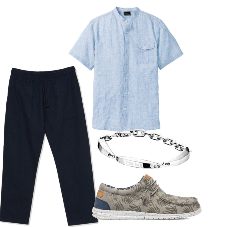 Outfit uomo - In città. Stile Trendy per Tutti i giorni. Abbinamento con camicie a manica corta, pantaloni, scarpe stringate, braccialetti.