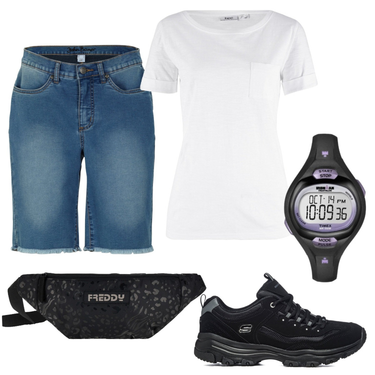 Outfit donna - Comodo a lavoro. Stile Basic per Tutti i giorni. Abbinamento con t-shirt, shorts, marsupi, sneakers, orologi digitali.